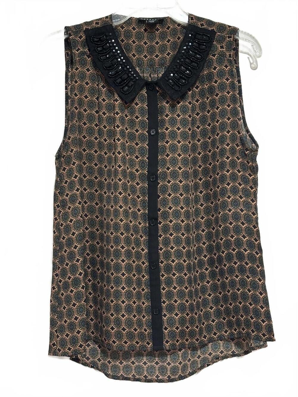 Metaphor Sleeveless Button-Up Blouse with Beaded Collar, Size L